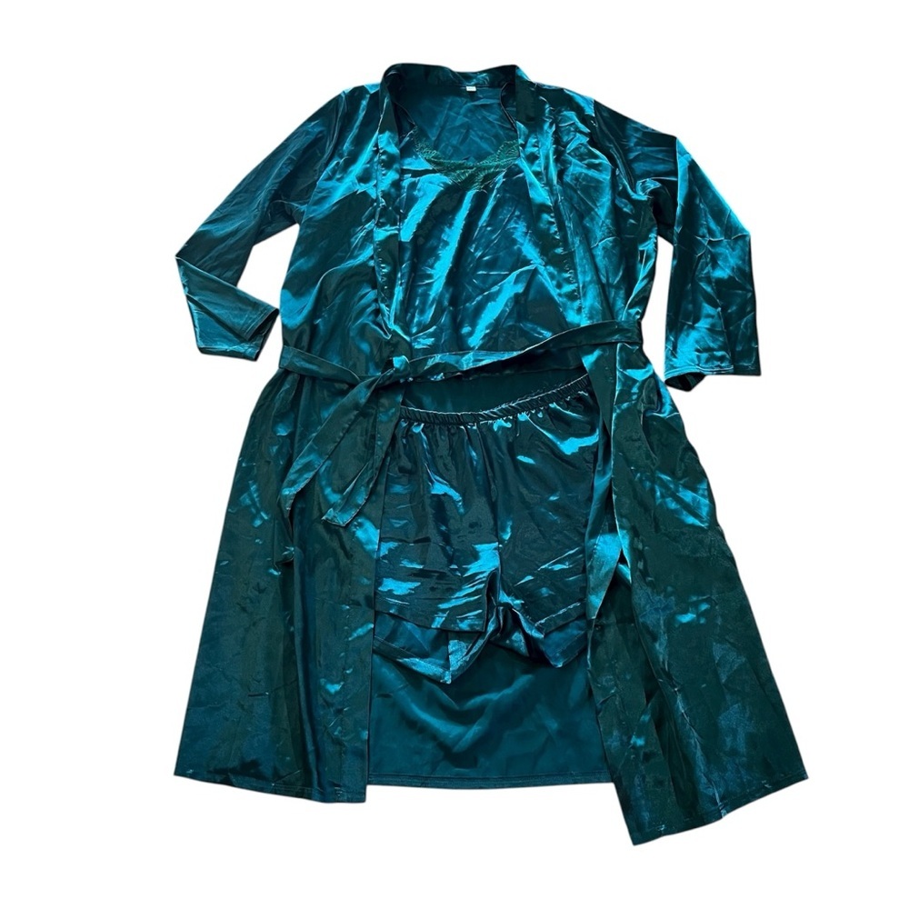 Emerald Green Satin 3-Piece Loungewear Set XL | Robe Cami Shorts Sleepwear